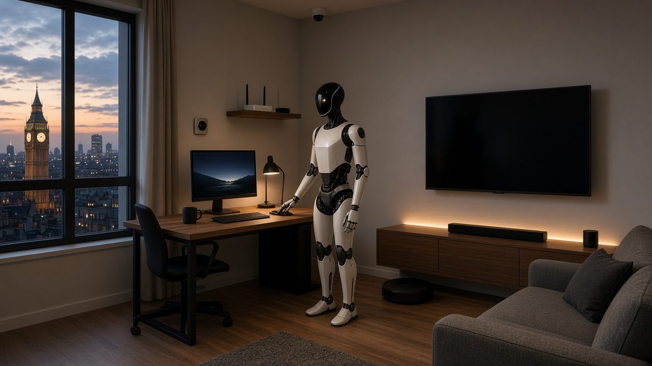 London flat at dusk with Big Ben in the window: a humanoid home robot helping at a desk computer, wall TV, smart thermostat, ceiling security camera, Wi-Fi router and a robot vacuum